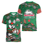 South Sydney Rabbitohs Women V-Neck T-Shirt Aboriginal Dot Pattern - Rugby Mascot Heritage Pride