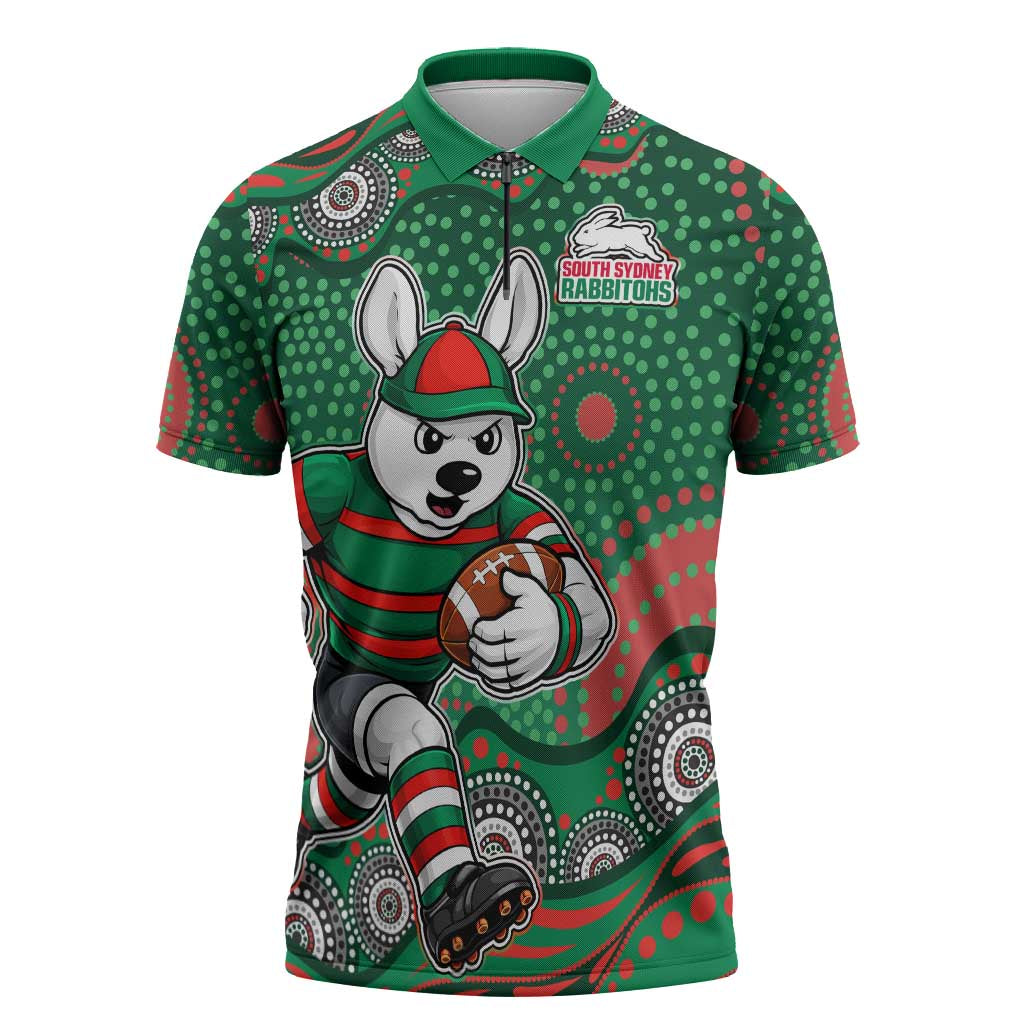 South Sydney Rabbitohs Zipper Polo Shirt Aboriginal Dot Pattern - Rugby Mascot Heritage Pride