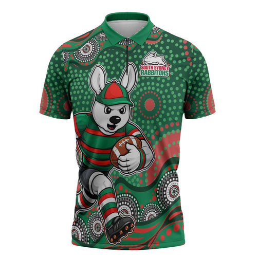 South Sydney Rabbitohs Zipper Polo Shirt Aboriginal Dot Pattern - Rugby Mascot Heritage Pride