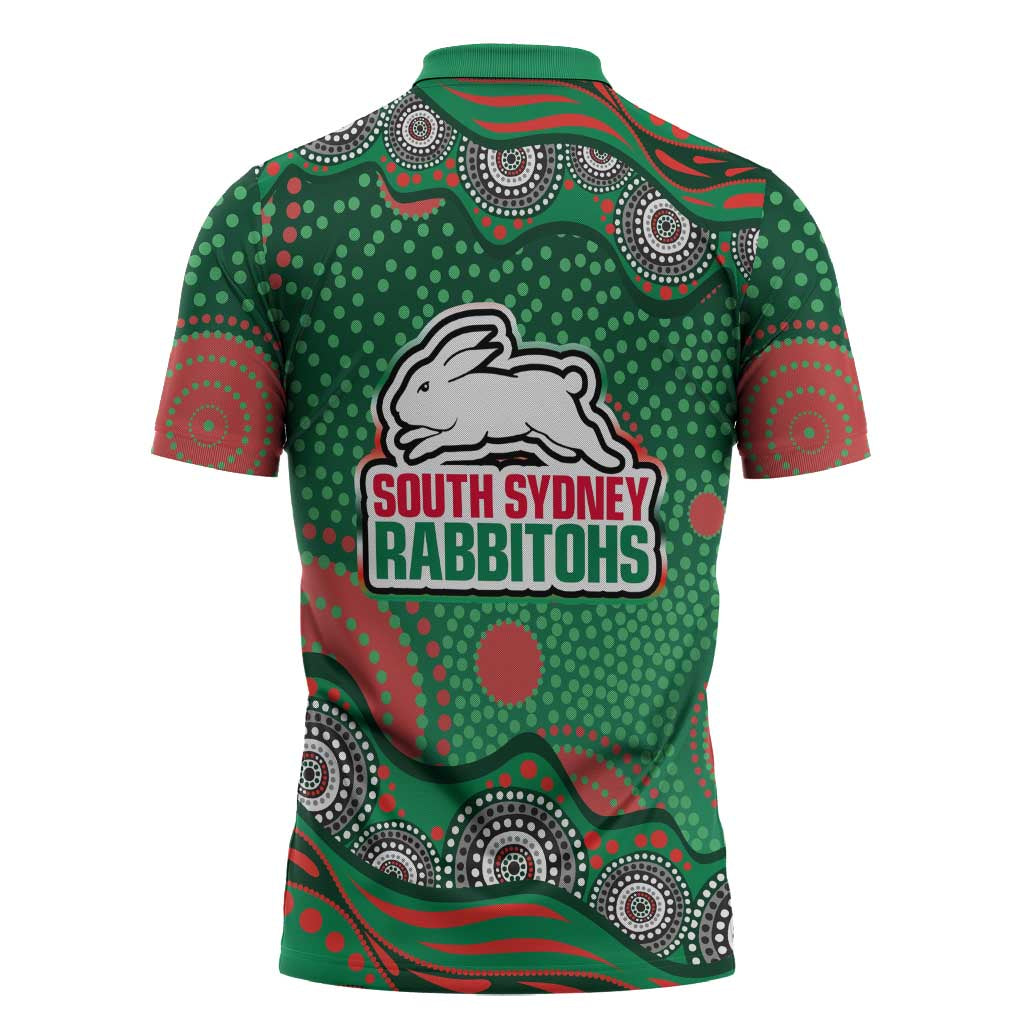 South Sydney Rabbitohs Zipper Polo Shirt Aboriginal Dot Pattern - Rugby Mascot Heritage Pride