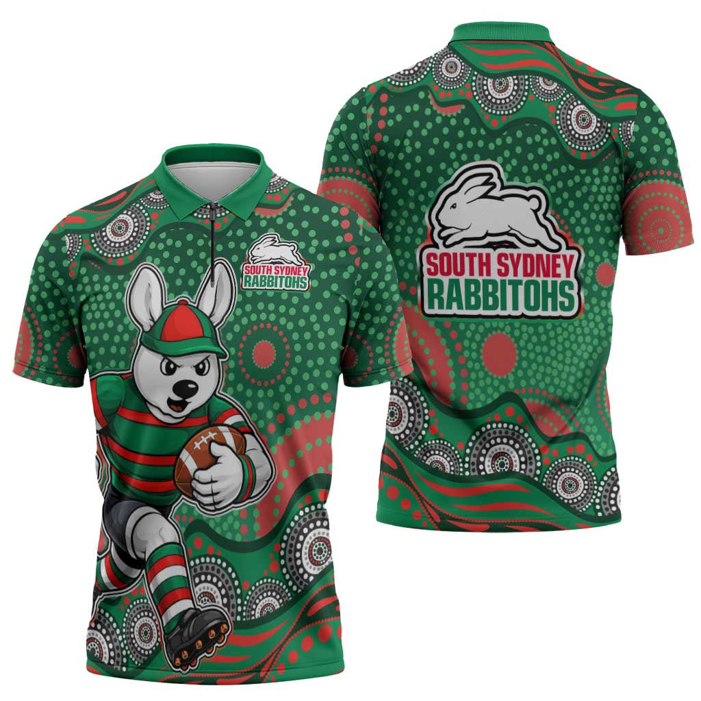South Sydney Rabbitohs Zipper Polo Shirt Aboriginal Dot Pattern - Rugby Mascot Heritage Pride