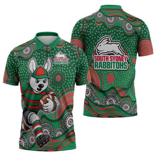 South Sydney Rabbitohs Zipper Polo Shirt Aboriginal Dot Pattern - Rugby Mascot Heritage Pride