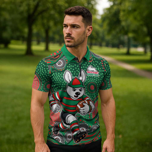 South Sydney Rabbitohs Zipper Polo Shirt Aboriginal Dot Pattern - Rugby Mascot Heritage Pride
