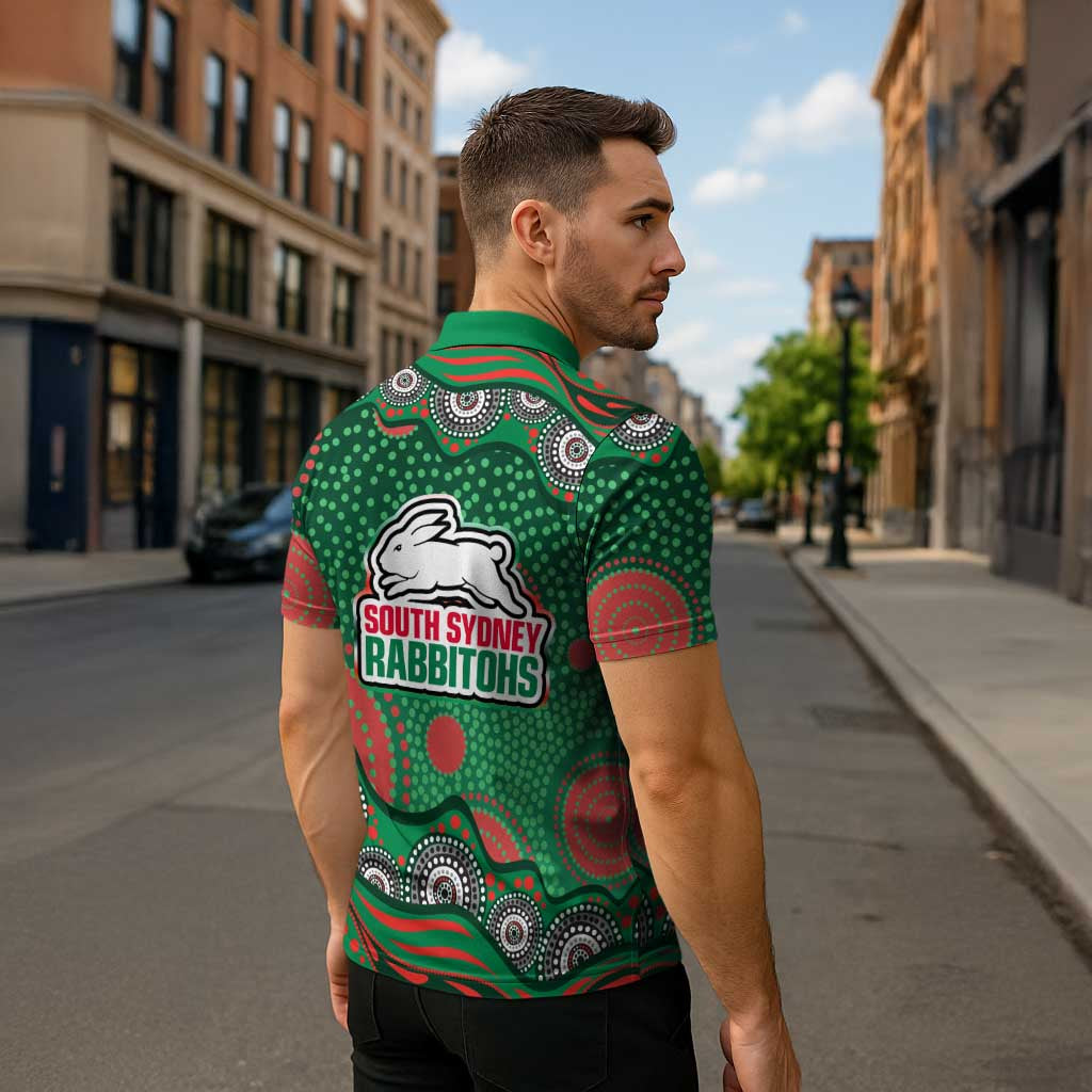 South Sydney Rabbitohs Zipper Polo Shirt Aboriginal Dot Pattern - Rugby Mascot Heritage Pride