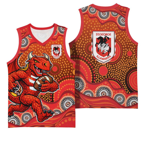 St. George Illawarra Dragons Basketball Jersey Aboriginal Dot Pattern - Rugby Mascot Heritage Pride