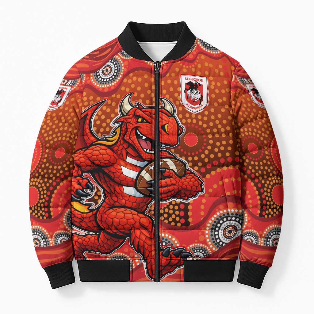 St. George Illawarra Dragons Bomber Puffer Jacket Aboriginal Dot Pattern - Rugby Mascot Heritage Pride