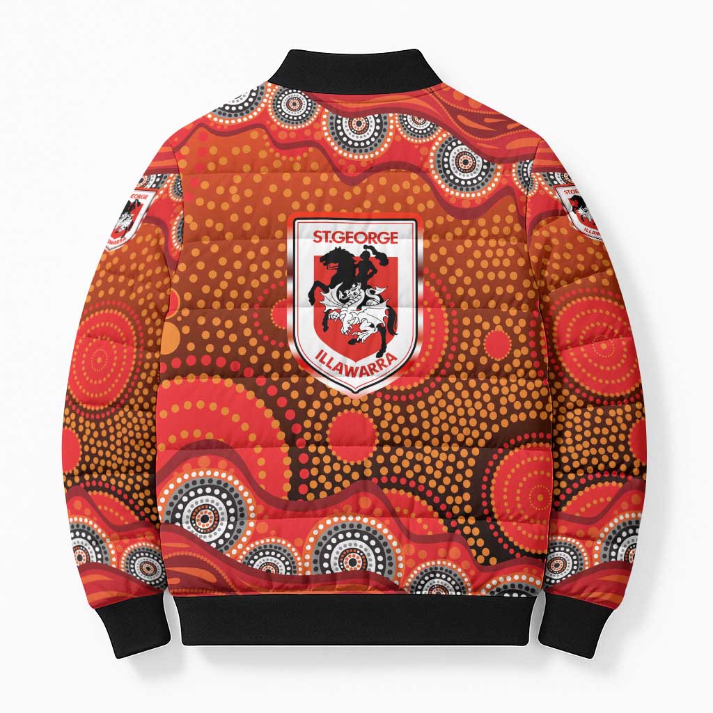St. George Illawarra Dragons Bomber Puffer Jacket Aboriginal Dot Pattern - Rugby Mascot Heritage Pride