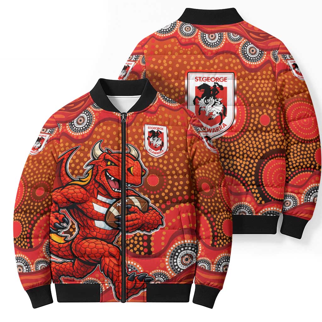 St. George Illawarra Dragons Bomber Puffer Jacket Aboriginal Dot Pattern - Rugby Mascot Heritage Pride
