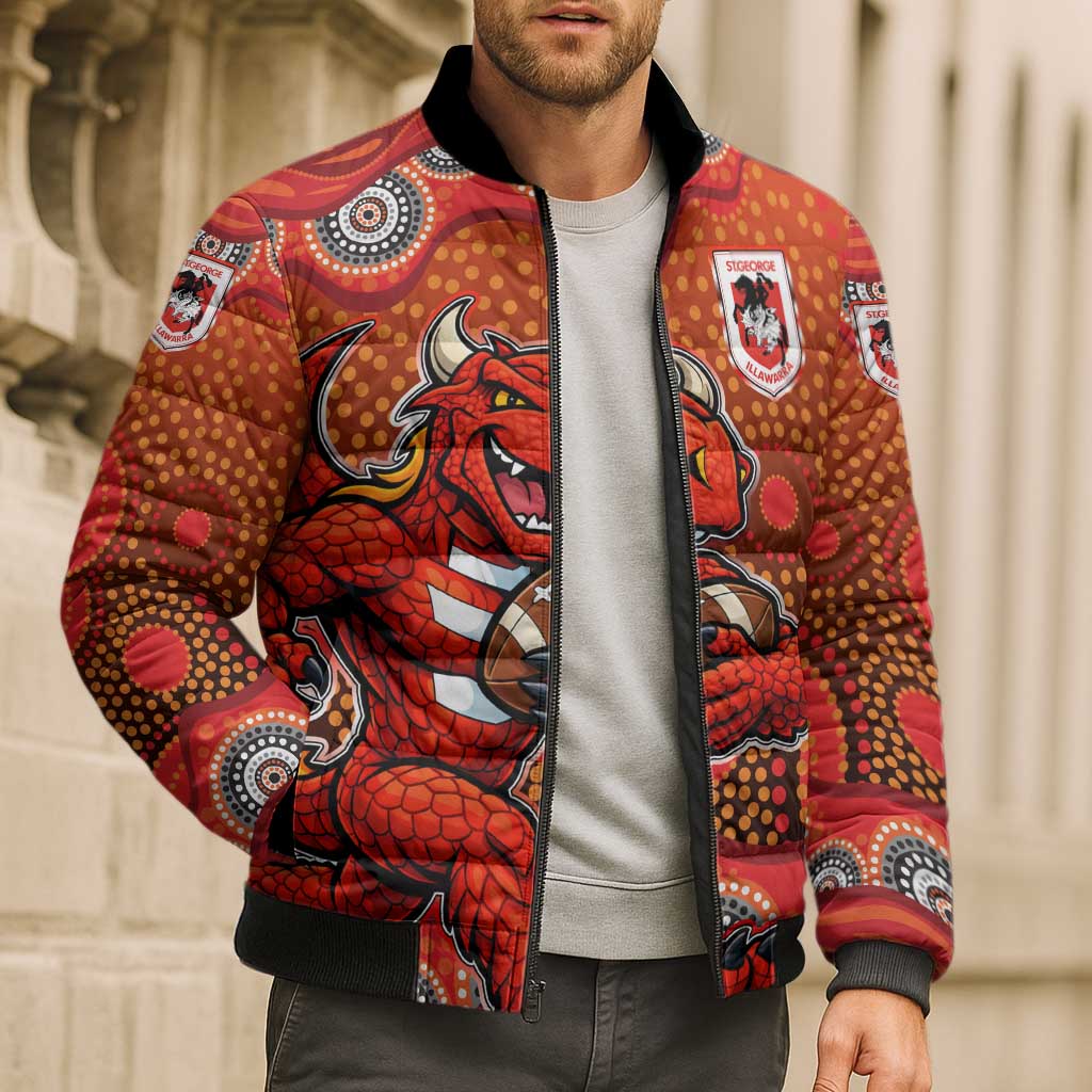 St. George Illawarra Dragons Bomber Puffer Jacket Aboriginal Dot Pattern - Rugby Mascot Heritage Pride