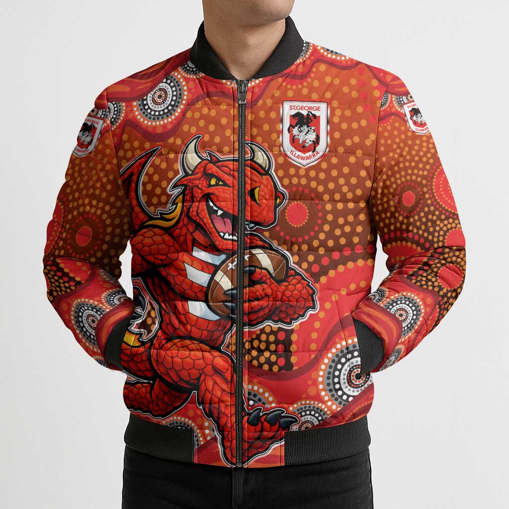 St. George Illawarra Dragons Bomber Puffer Jacket Aboriginal Dot Pattern - Rugby Mascot Heritage Pride