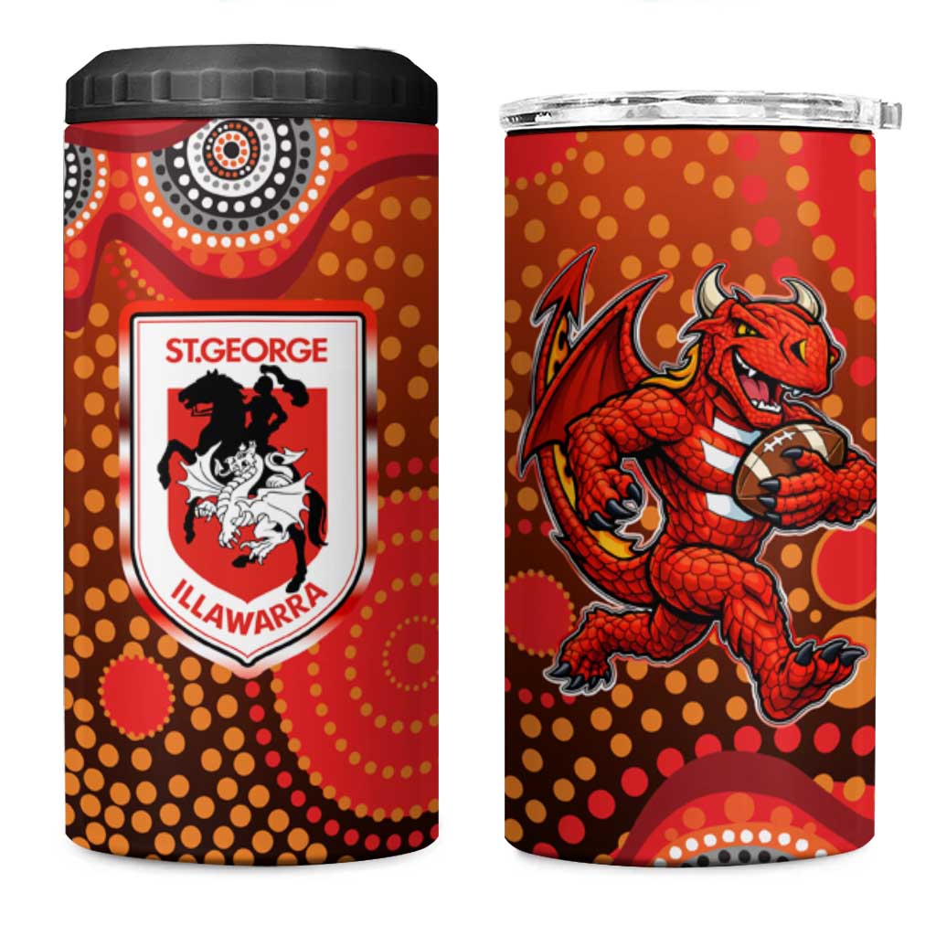 St. George Illawarra Dragons 4 in 1 Can Cooler Tumbler Aboriginal Dot Pattern - Rugby Mascot Heritage Pride