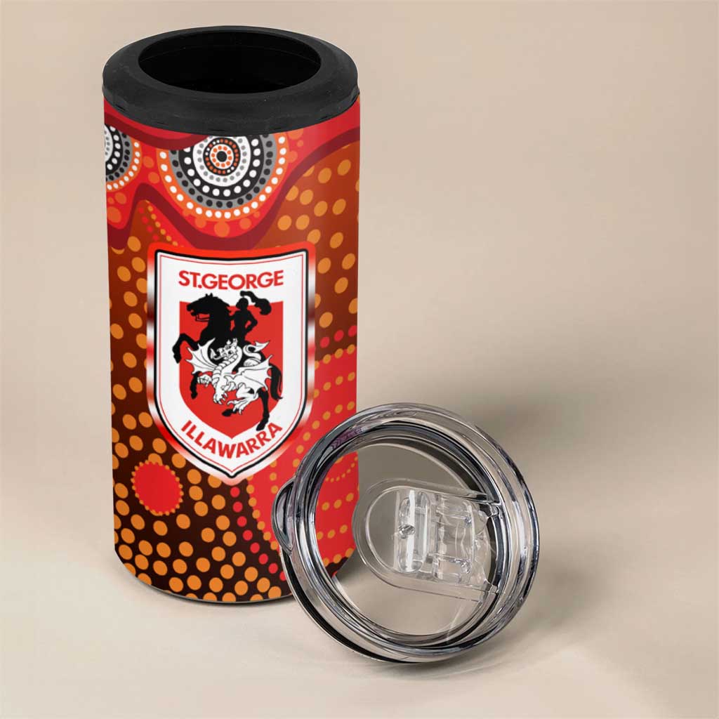 St. George Illawarra Dragons 4 in 1 Can Cooler Tumbler Aboriginal Dot Pattern - Rugby Mascot Heritage Pride