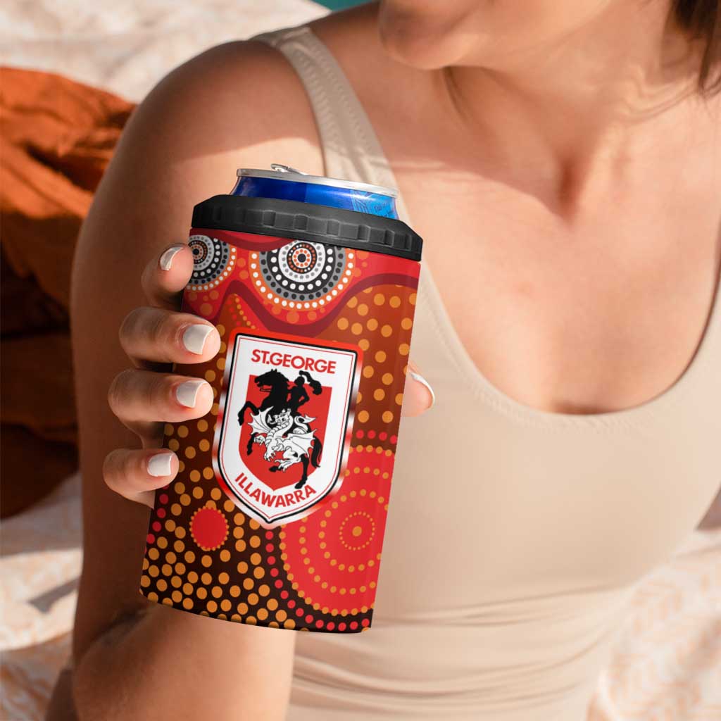 St. George Illawarra Dragons 4 in 1 Can Cooler Tumbler Aboriginal Dot Pattern - Rugby Mascot Heritage Pride
