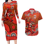 St. George Illawarra Dragons Couples Matching Long Sleeve Bodycon Dress and Hawaiian Shirt Aboriginal Dot Pattern - Rugby Mascot Heritage Pride