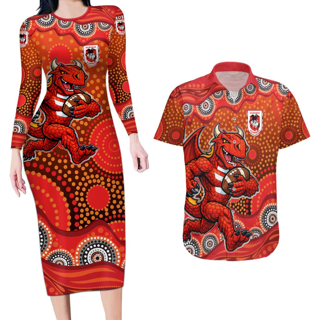 St. George Illawarra Dragons Couples Matching Long Sleeve Bodycon Dress and Hawaiian Shirt Aboriginal Dot Pattern - Rugby Mascot Heritage Pride