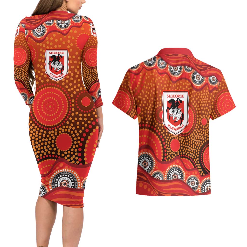 St. George Illawarra Dragons Couples Matching Long Sleeve Bodycon Dress and Hawaiian Shirt Aboriginal Dot Pattern - Rugby Mascot Heritage Pride
