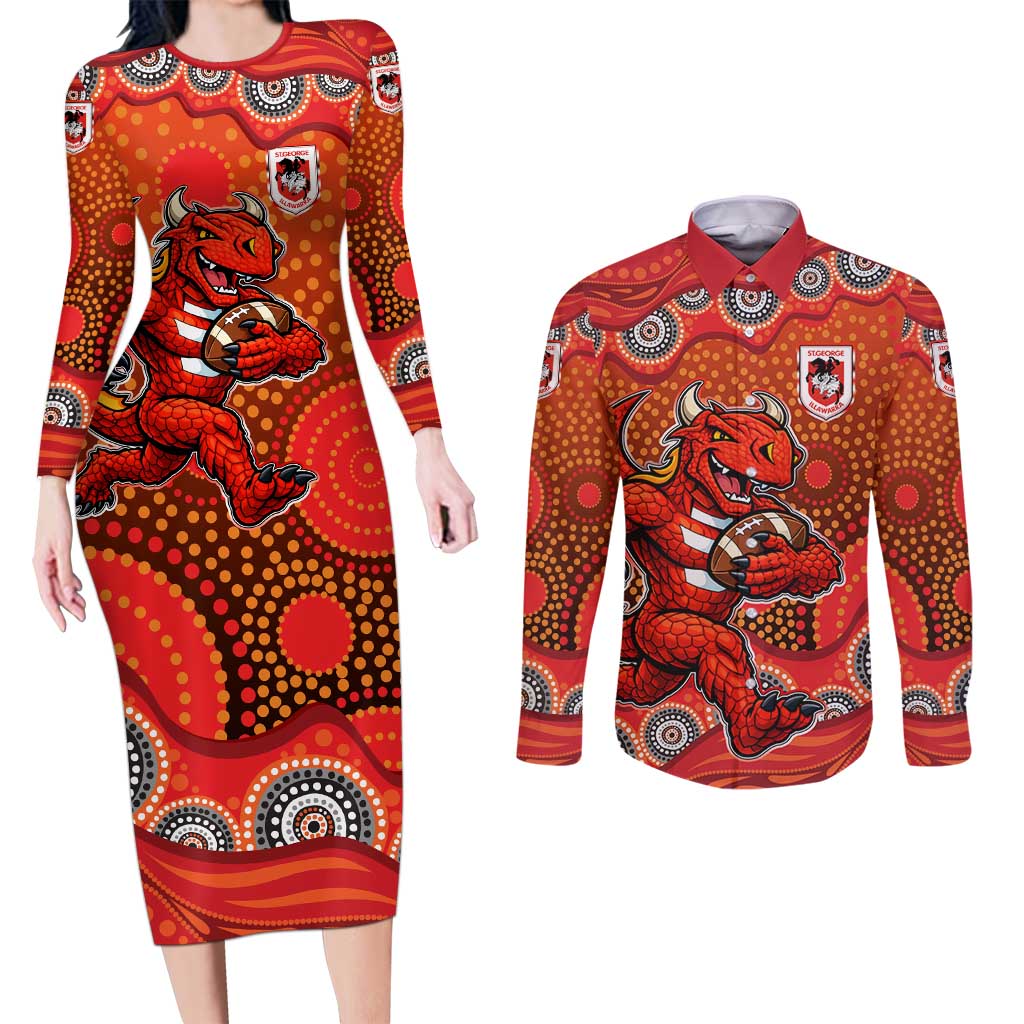 St. George Illawarra Dragons Couples Matching Long Sleeve Bodycon Dress and Long Sleeve Button Shirt Aboriginal Dot Pattern - Rugby Mascot Heritage Pride