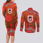St. George Illawarra Dragons Couples Matching Long Sleeve Bodycon Dress and Long Sleeve Button Shirt Aboriginal Dot Pattern - Rugby Mascot Heritage Pride