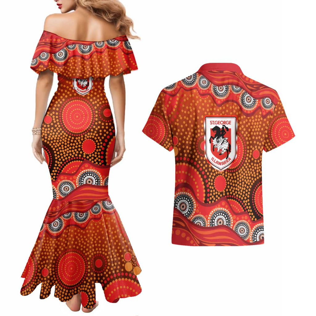 St. George Illawarra Dragons Couples Matching Mermaid Dress and Hawaiian Shirt Aboriginal Dot Pattern - Rugby Mascot Heritage Pride