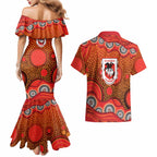 St. George Illawarra Dragons Couples Matching Mermaid Dress and Hawaiian Shirt Aboriginal Dot Pattern - Rugby Mascot Heritage Pride