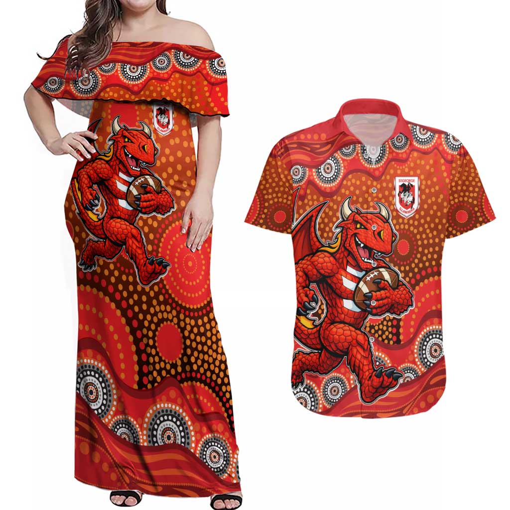 St. George Illawarra Dragons Couples Matching Off Shoulder Maxi Dress and Hawaiian Shirt Aboriginal Dot Pattern - Rugby Mascot Heritage Pride