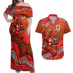 St. George Illawarra Dragons Couples Matching Off Shoulder Maxi Dress and Hawaiian Shirt Aboriginal Dot Pattern - Rugby Mascot Heritage Pride