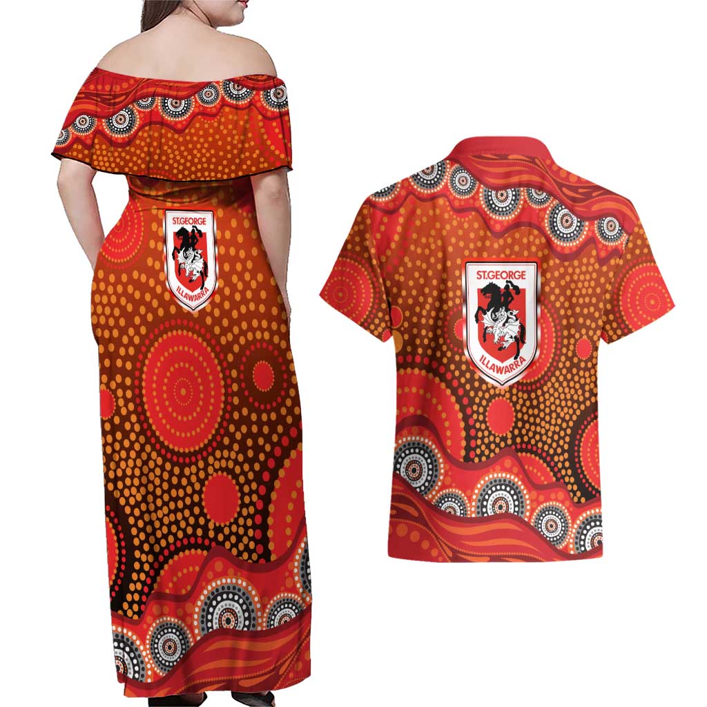 St. George Illawarra Dragons Couples Matching Off Shoulder Maxi Dress and Hawaiian Shirt Aboriginal Dot Pattern - Rugby Mascot Heritage Pride