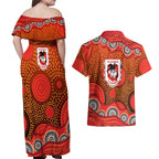 St. George Illawarra Dragons Couples Matching Off Shoulder Maxi Dress and Hawaiian Shirt Aboriginal Dot Pattern - Rugby Mascot Heritage Pride