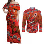 St. George Illawarra Dragons Couples Matching Off Shoulder Maxi Dress and Long Sleeve Button Shirt Aboriginal Dot Pattern - Rugby Mascot Heritage Pride