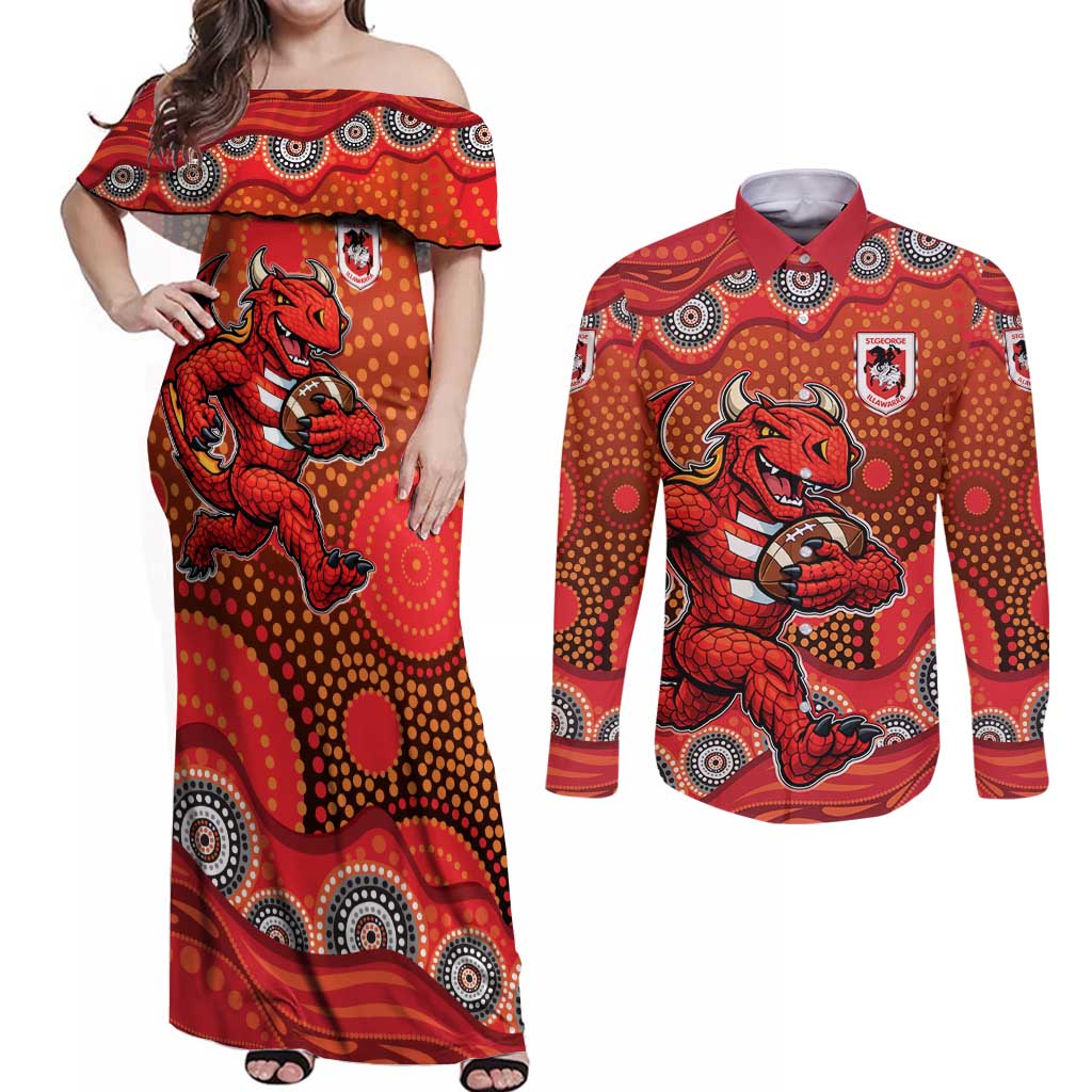 St. George Illawarra Dragons Couples Matching Off Shoulder Maxi Dress and Long Sleeve Button Shirt Aboriginal Dot Pattern - Rugby Mascot Heritage Pride