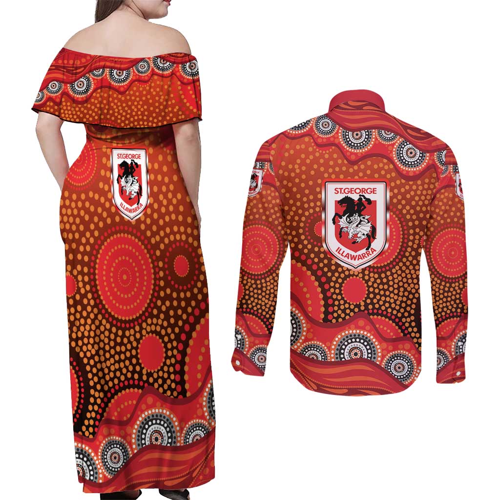 St. George Illawarra Dragons Couples Matching Off Shoulder Maxi Dress and Long Sleeve Button Shirt Aboriginal Dot Pattern - Rugby Mascot Heritage Pride