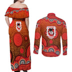 St. George Illawarra Dragons Couples Matching Off Shoulder Maxi Dress and Long Sleeve Button Shirt Aboriginal Dot Pattern - Rugby Mascot Heritage Pride