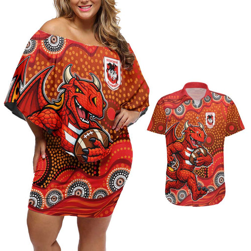 St. George Illawarra Dragons Couples Matching Off Shoulder Short Dress and Hawaiian Shirt Aboriginal Dot Pattern - Rugby Mascot Heritage Pride