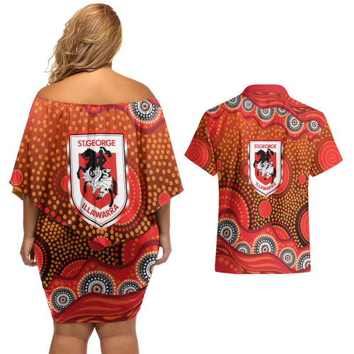 St. George Illawarra Dragons Couples Matching Off Shoulder Short Dress and Hawaiian Shirt Aboriginal Dot Pattern - Rugby Mascot Heritage Pride