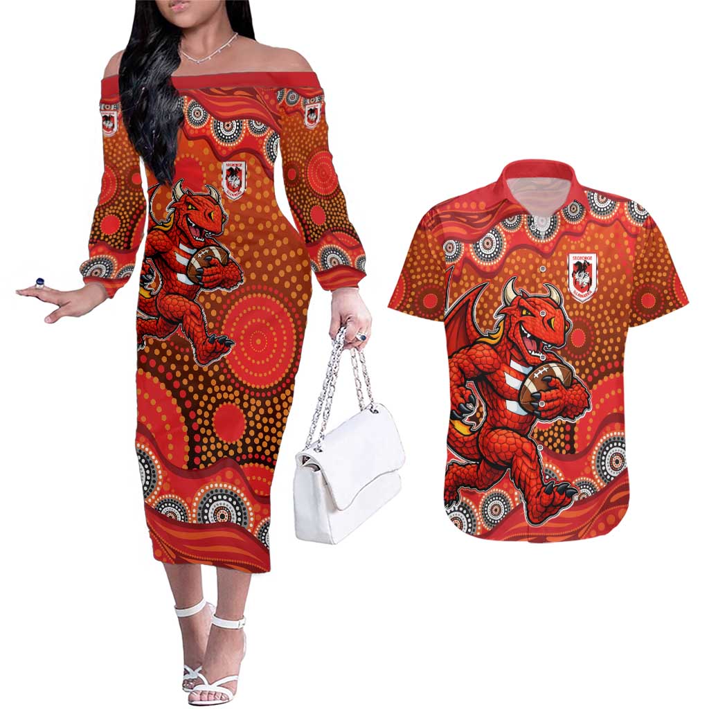 St. George Illawarra Dragons Couples Matching Off The Shoulder Long Sleeve Dress and Hawaiian Shirt Aboriginal Dot Pattern - Rugby Mascot Heritage Pride