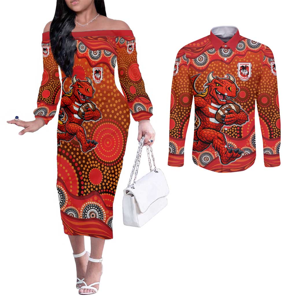 St. George Illawarra Dragons Couples Matching Off The Shoulder Long Sleeve Dress and Long Sleeve Button Shirt Aboriginal Dot Pattern - Rugby Mascot Heritage Pride