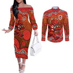 St. George Illawarra Dragons Couples Matching Off The Shoulder Long Sleeve Dress and Long Sleeve Button Shirt Aboriginal Dot Pattern - Rugby Mascot Heritage Pride