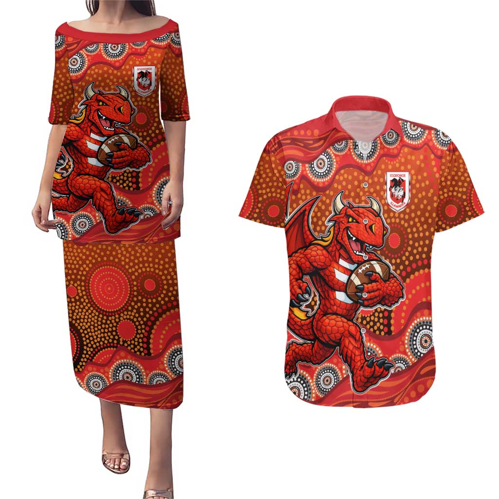 St. George Illawarra Dragons Couples Matching Puletasi and Hawaiian Shirt Aboriginal Dot Pattern - Rugby Mascot Heritage Pride