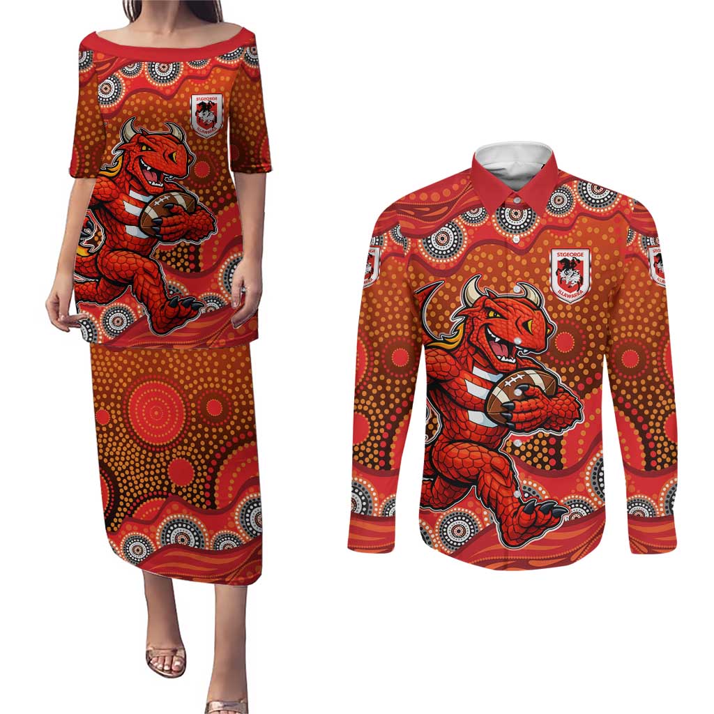 St. George Illawarra Dragons Couples Matching Puletasi and Long Sleeve Button Shirt Aboriginal Dot Pattern - Rugby Mascot Heritage Pride