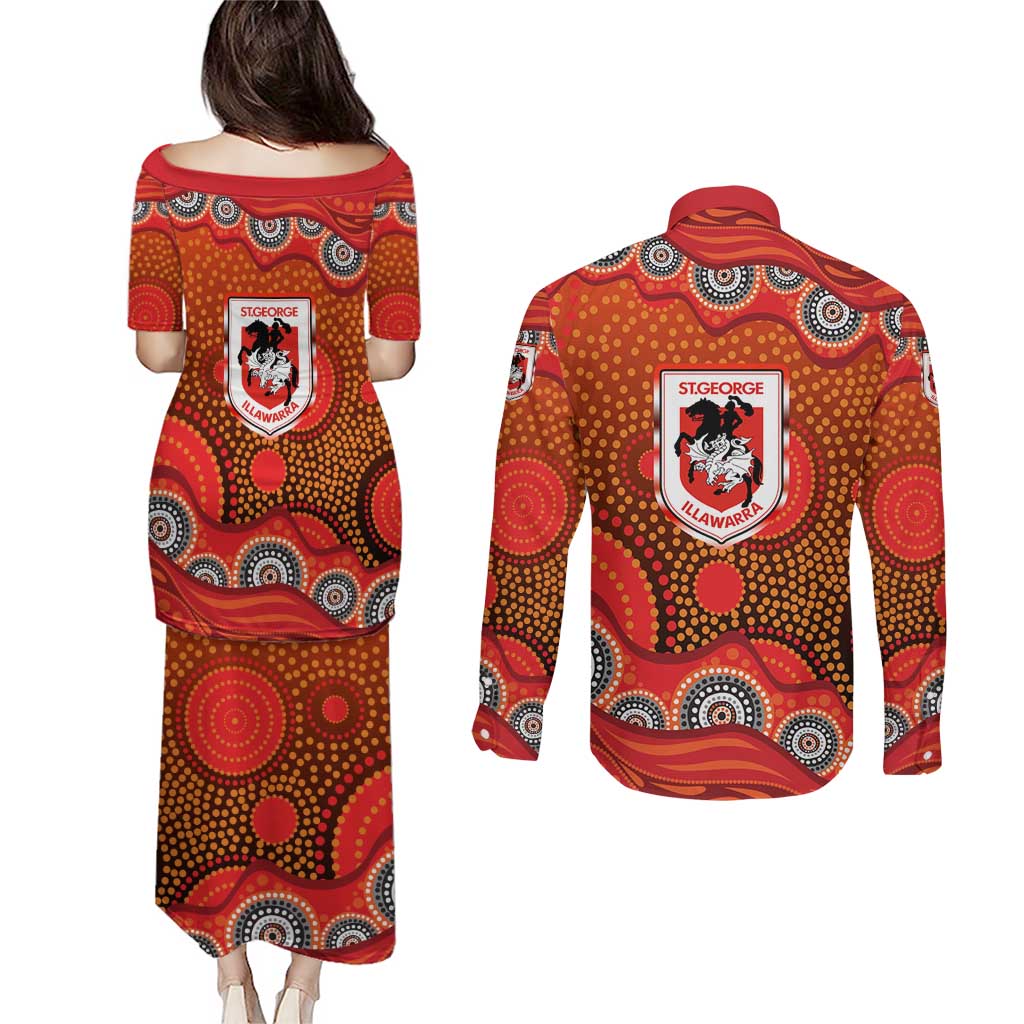 St. George Illawarra Dragons Couples Matching Puletasi and Long Sleeve Button Shirt Aboriginal Dot Pattern - Rugby Mascot Heritage Pride