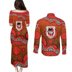 St. George Illawarra Dragons Couples Matching Puletasi and Long Sleeve Button Shirt Aboriginal Dot Pattern - Rugby Mascot Heritage Pride