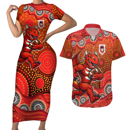 St. George Illawarra Dragons Couples Matching Short Sleeve Bodycon Dress and Hawaiian Shirt Aboriginal Dot Pattern - Rugby Mascot Heritage Pride