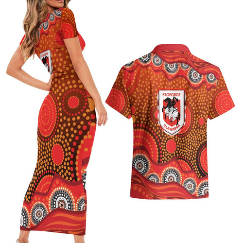 St. George Illawarra Dragons Couples Matching Short Sleeve Bodycon Dress and Hawaiian Shirt Aboriginal Dot Pattern - Rugby Mascot Heritage Pride