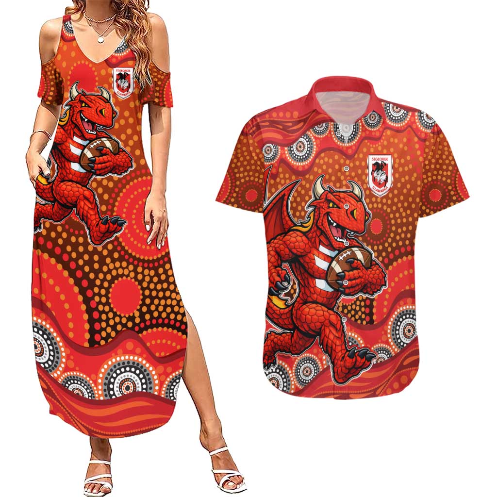 St. George Illawarra Dragons Couples Matching Summer Maxi Dress and Hawaiian Shirt Aboriginal Dot Pattern - Rugby Mascot Heritage Pride