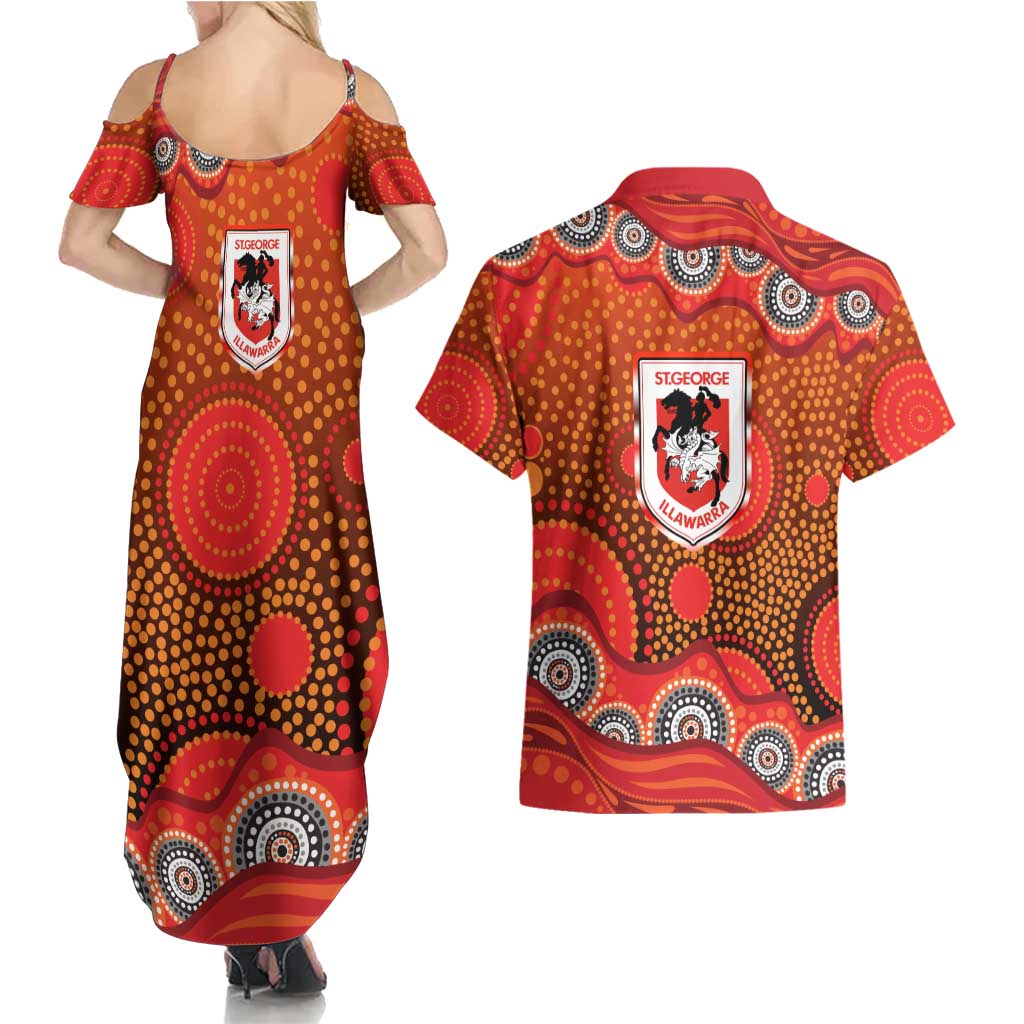 St. George Illawarra Dragons Couples Matching Summer Maxi Dress and Hawaiian Shirt Aboriginal Dot Pattern - Rugby Mascot Heritage Pride
