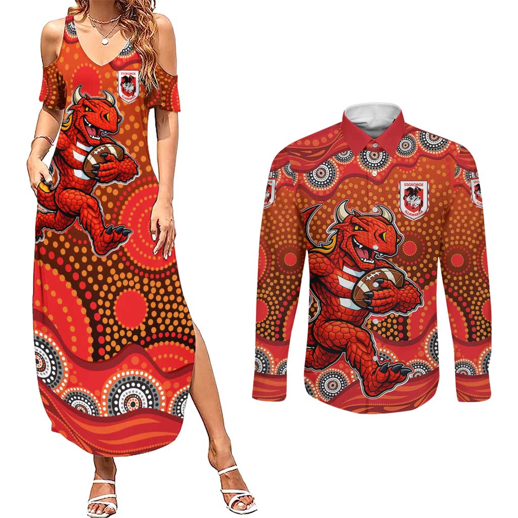 St. George Illawarra Dragons Couples Matching Summer Maxi Dress and Long Sleeve Button Shirt Aboriginal Dot Pattern - Rugby Mascot Heritage Pride