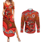 St. George Illawarra Dragons Couples Matching Summer Maxi Dress and Long Sleeve Button Shirt Aboriginal Dot Pattern - Rugby Mascot Heritage Pride