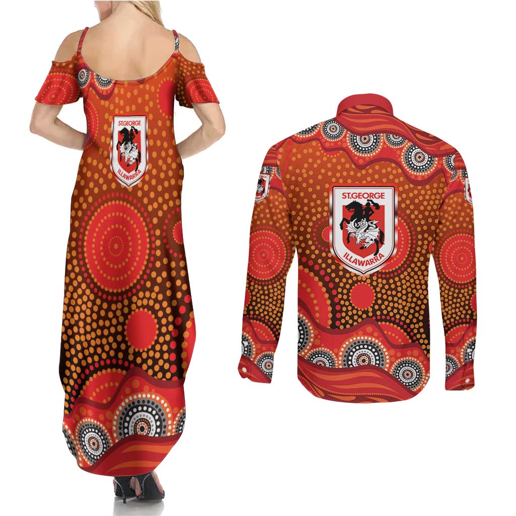 St. George Illawarra Dragons Couples Matching Summer Maxi Dress and Long Sleeve Button Shirt Aboriginal Dot Pattern - Rugby Mascot Heritage Pride