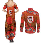 St. George Illawarra Dragons Couples Matching Summer Maxi Dress and Long Sleeve Button Shirt Aboriginal Dot Pattern - Rugby Mascot Heritage Pride