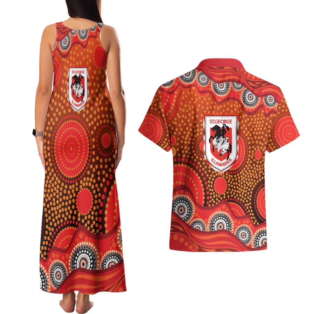 St. George Illawarra Dragons Couples Matching Tank Maxi Dress and Hawaiian Shirt Aboriginal Dot Pattern - Rugby Mascot Heritage Pride